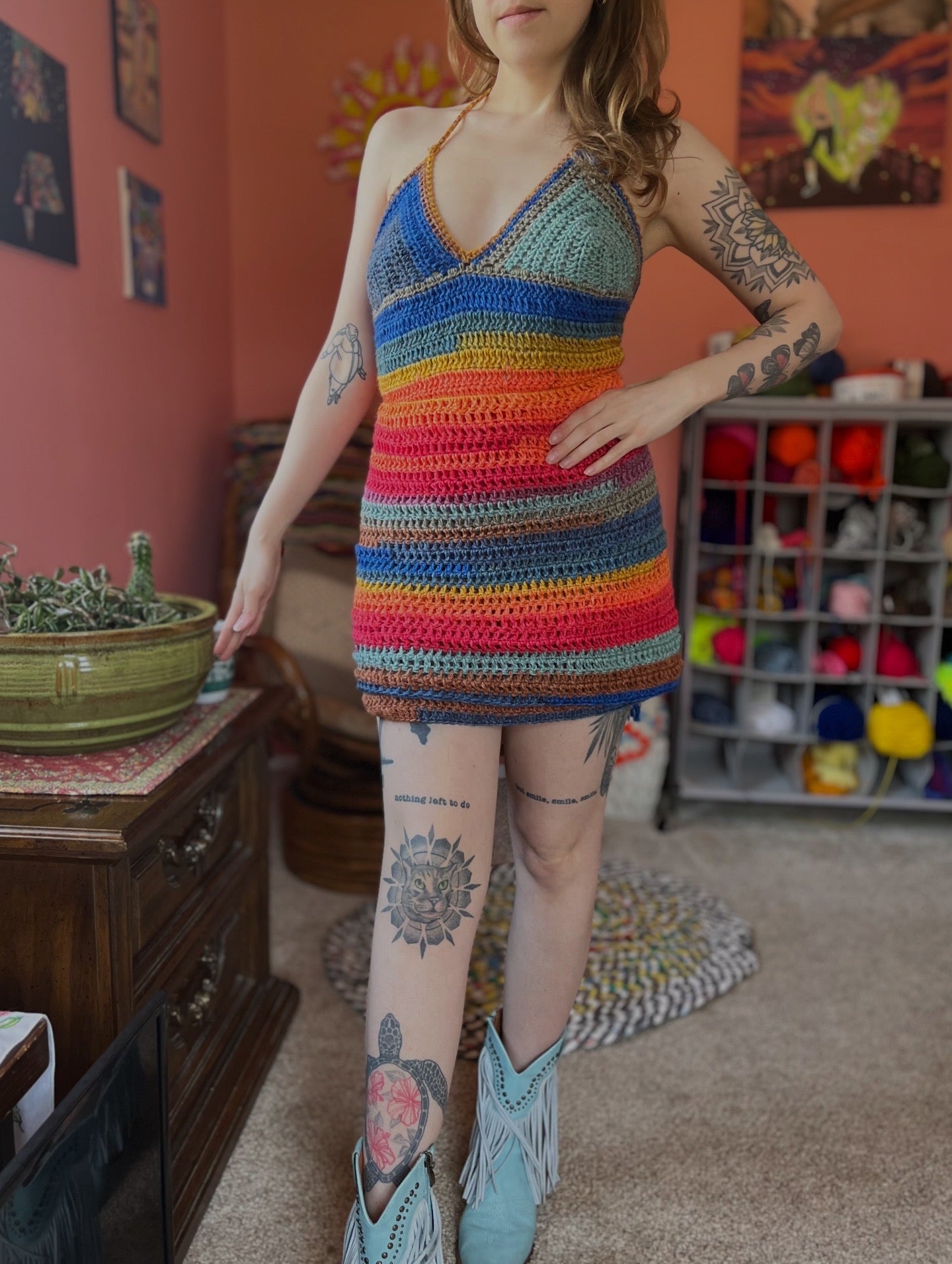 Rainbow Fringe Crochet Wrap Dress S-L