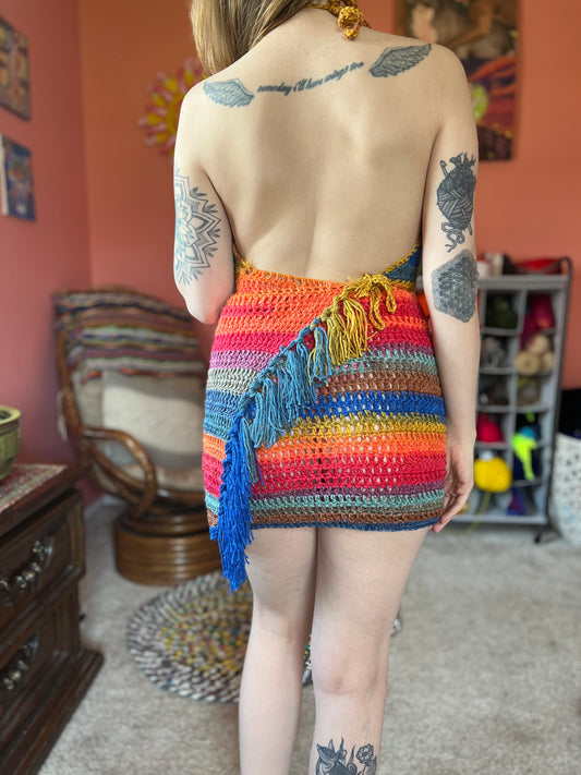 Rainbow Fringe Crochet Wrap Dress S-L