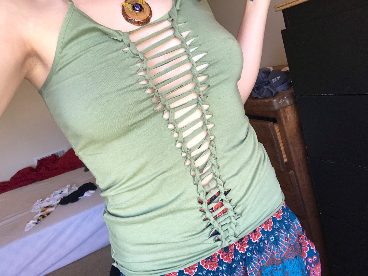 Green Laddered Slit Weave Shirt