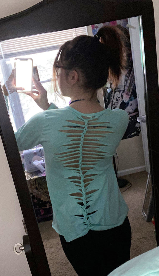 S/M/L Mint Green Front and Back Slit Weave Long Sleeve Shirt