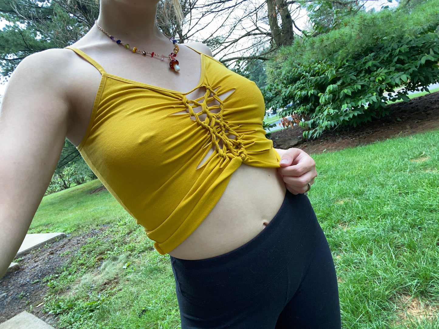 XS-M Slit Weave Camisole Braided Yellow Crop Top