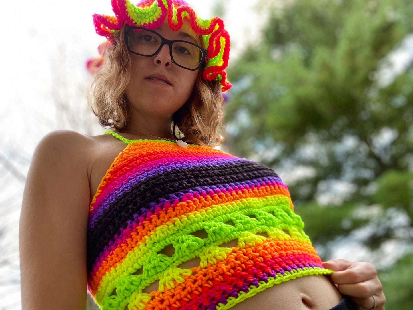 Black and Neon Striped Halter Top S/M/L