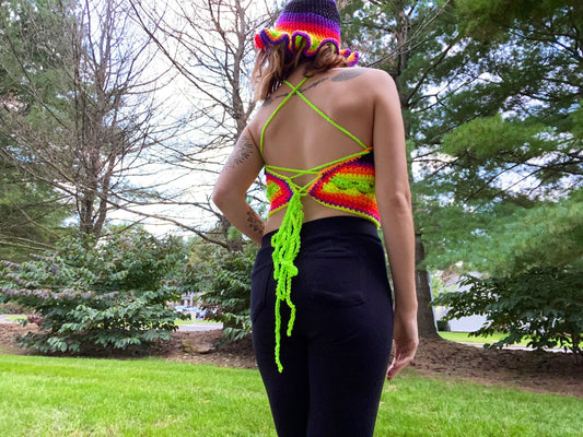 Black and Neon Striped Halter Top S/M/L