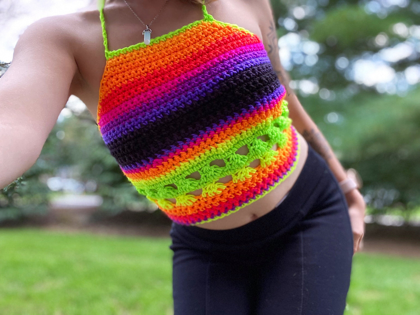 Black and Neon Striped Halter Top S/M/L