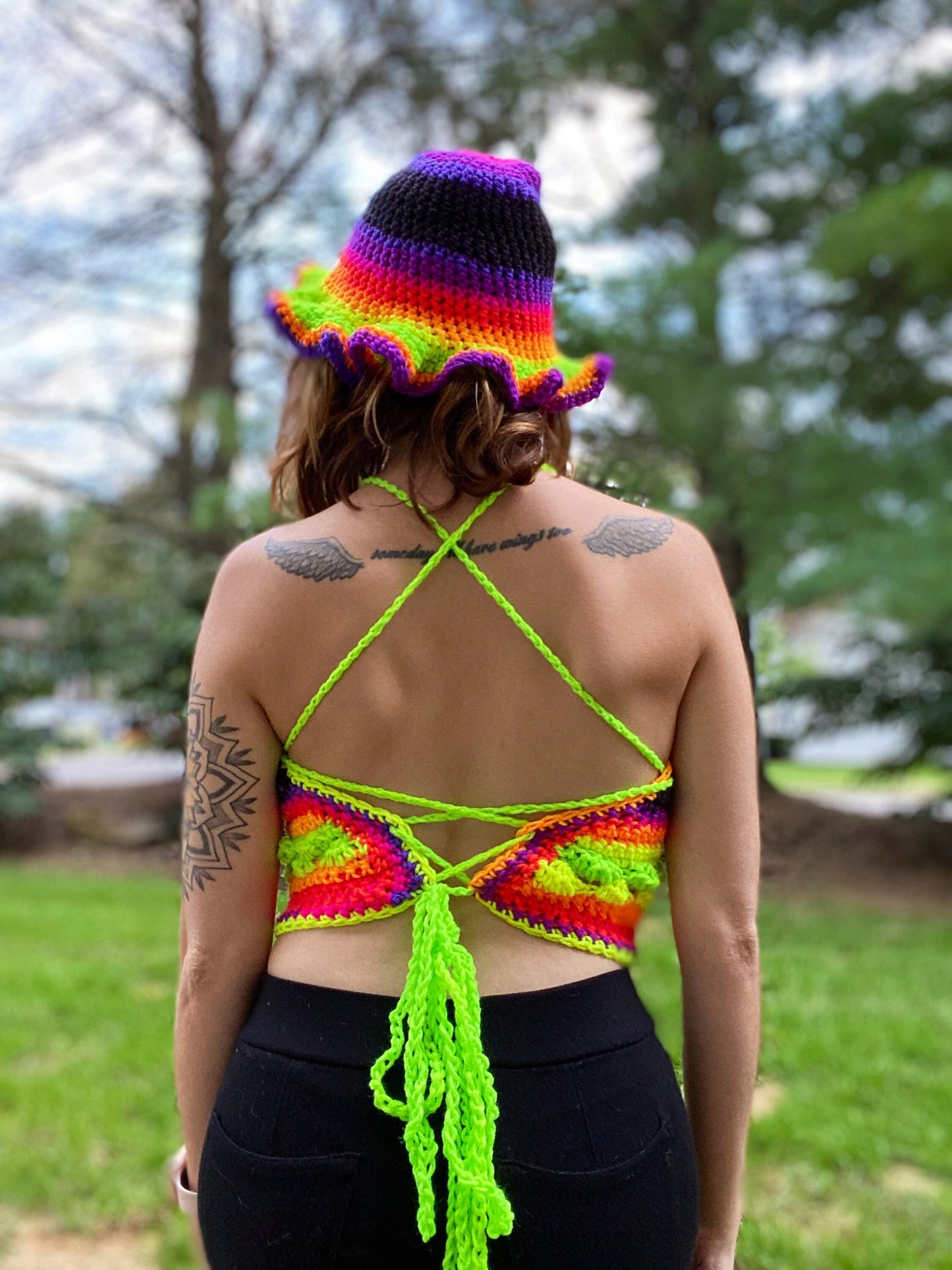 Black and Neon Striped Halter Top S/M/L