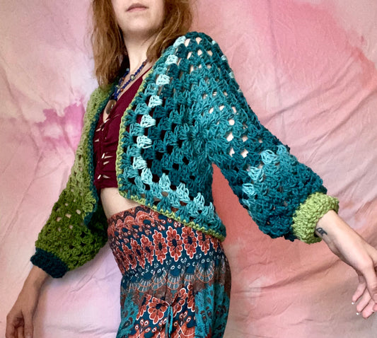 Green and Blue Cropped Crochet Cardigan