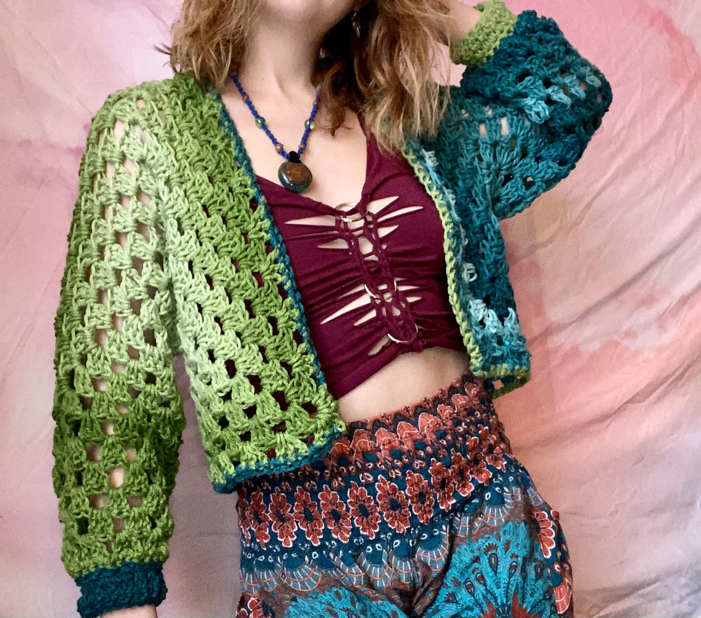 Green and Blue Cropped Crochet Cardigan