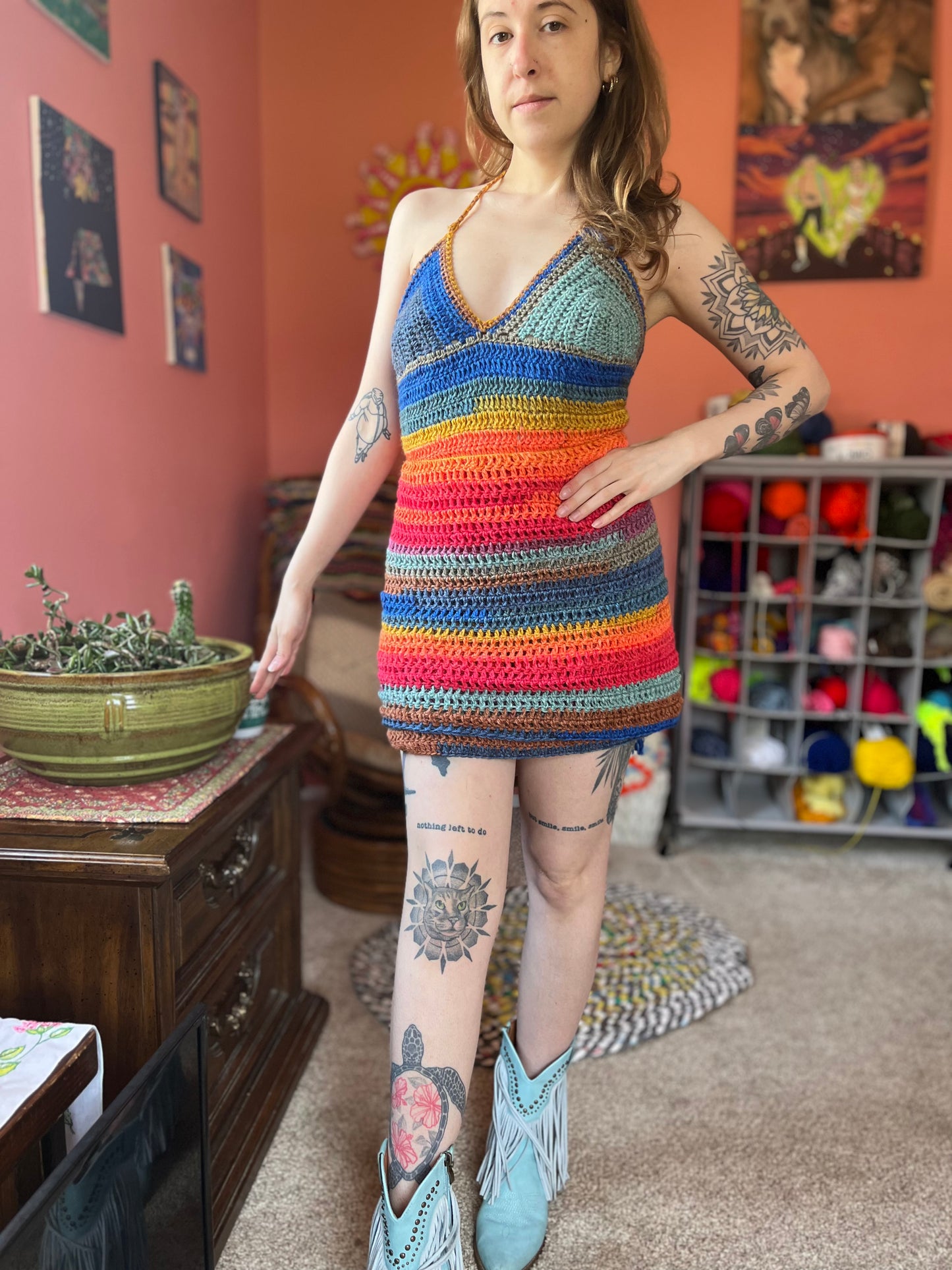 Rainbow Fringe Crochet Wrap Dress S-L