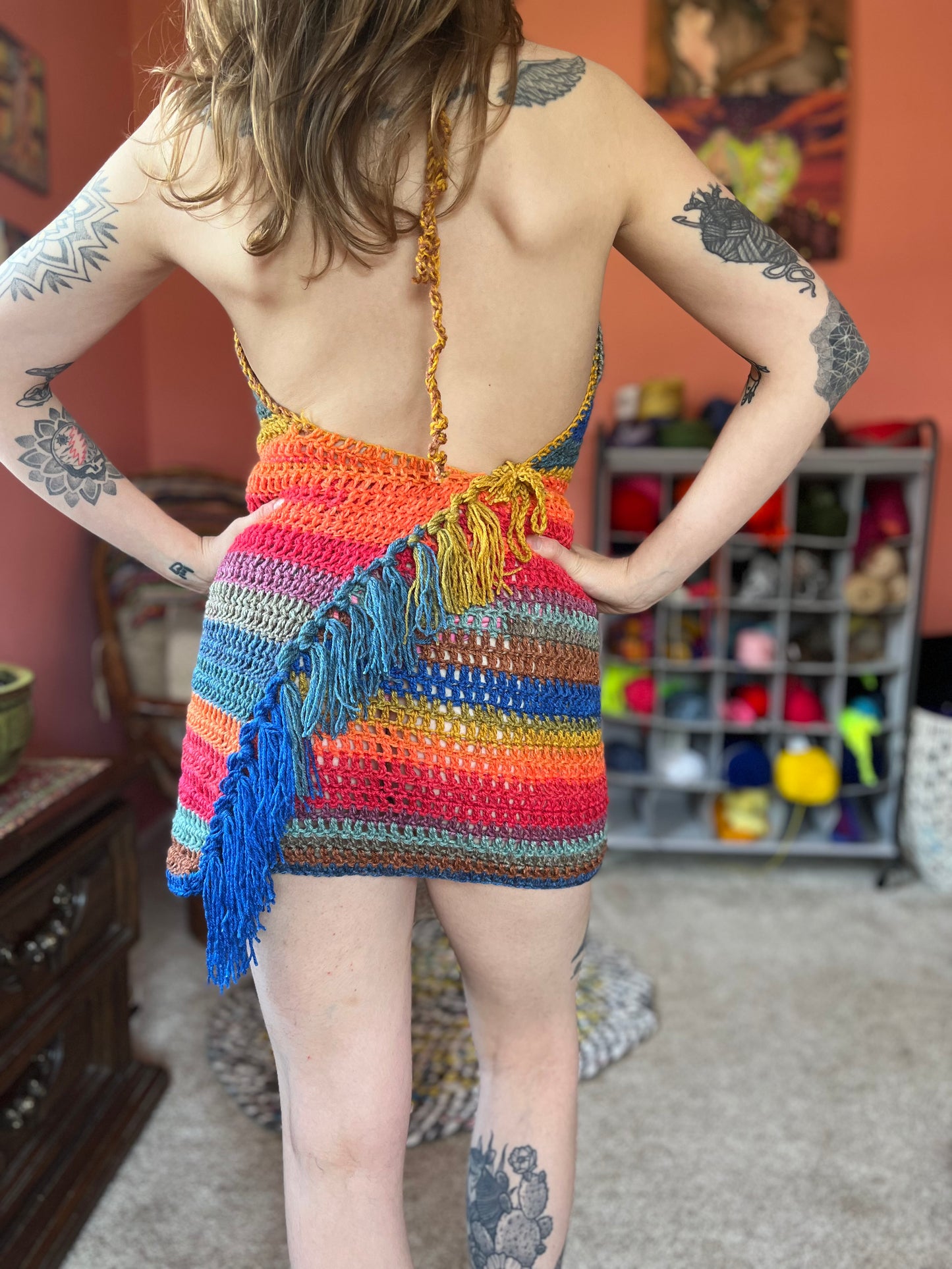 Rainbow Fringe Crochet Wrap Dress S-L