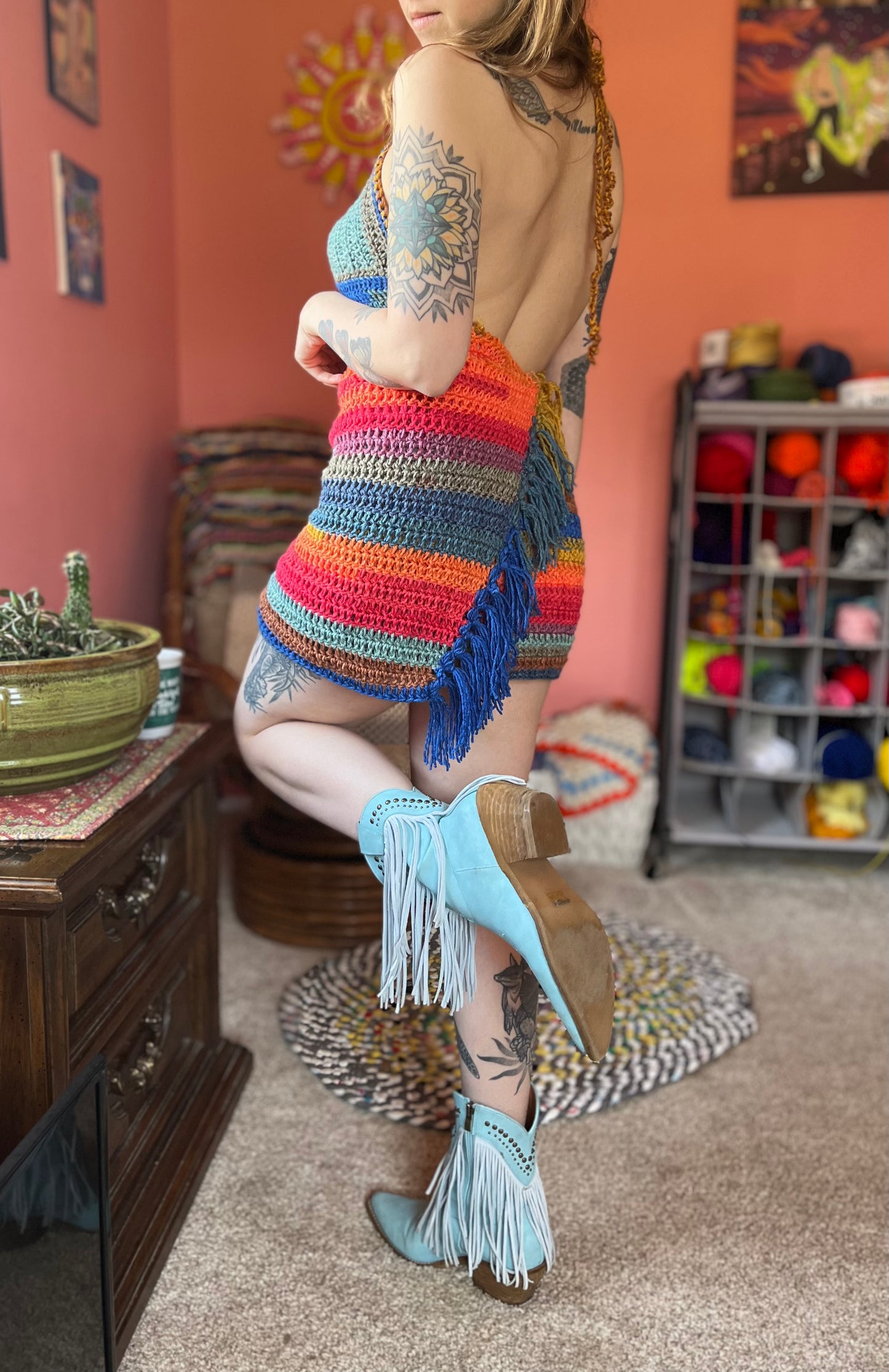 Rainbow Fringe Crochet Wrap Dress S-L