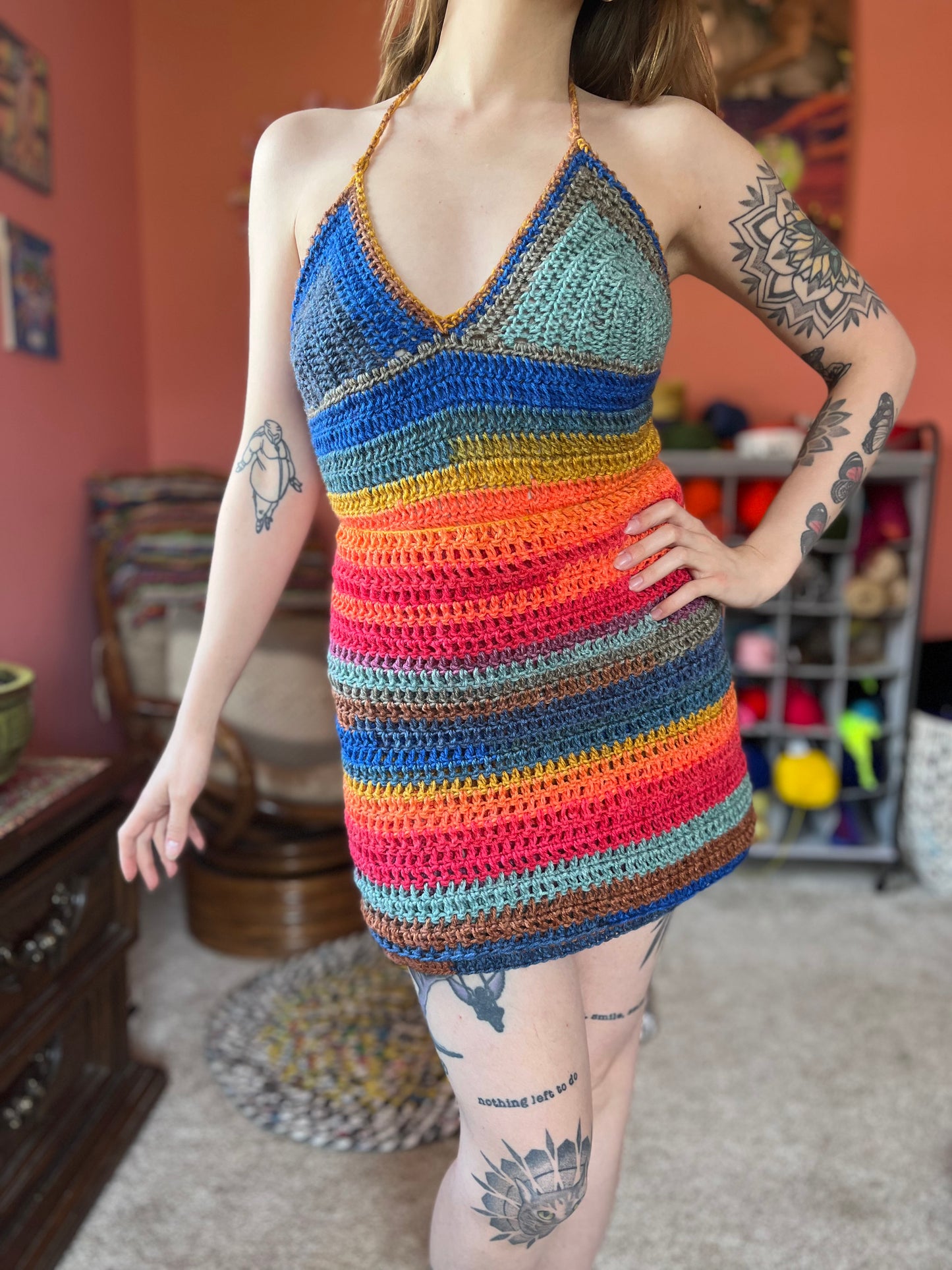 Rainbow Fringe Crochet Wrap Dress S-L