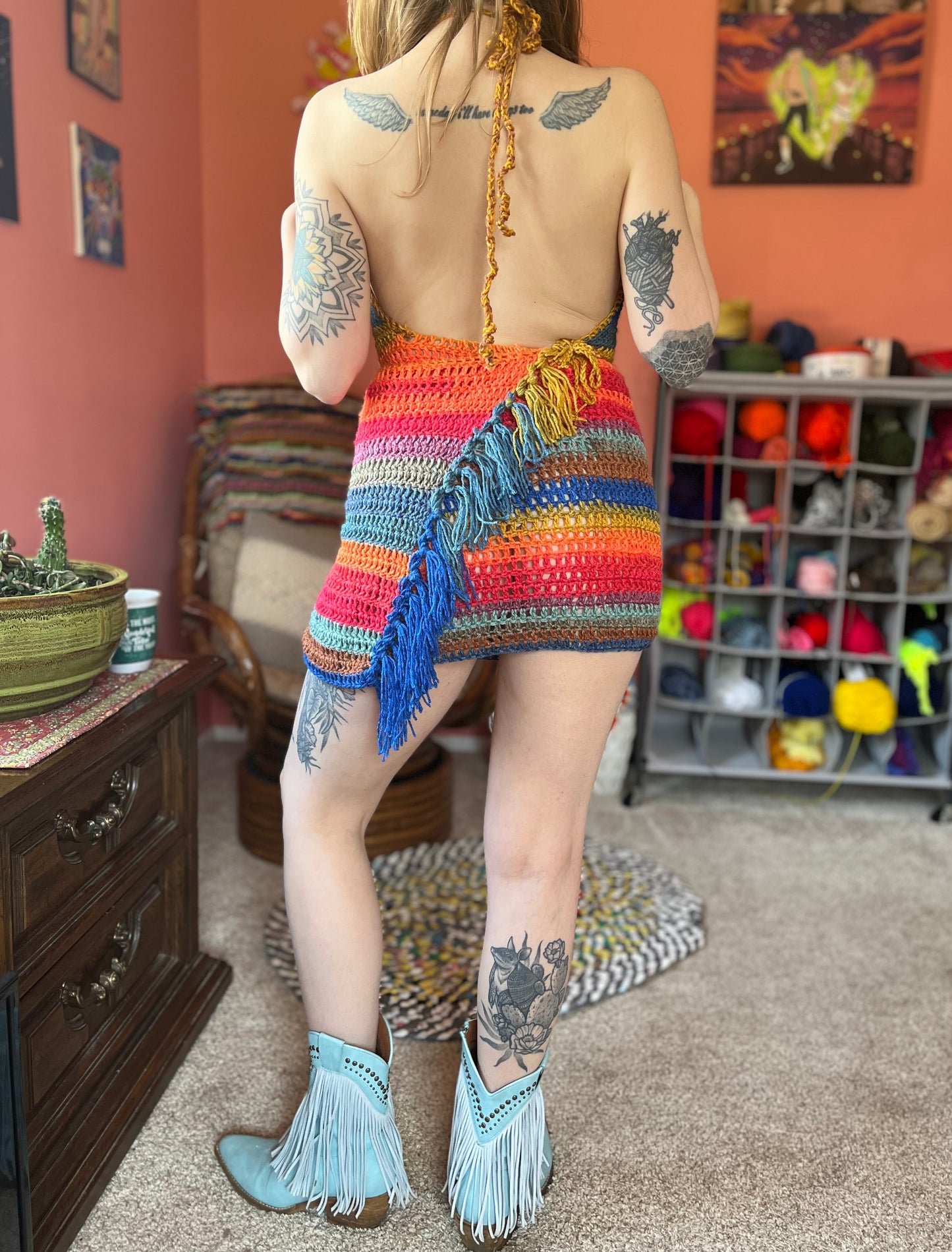 Rainbow Fringe Crochet Wrap Dress S-L