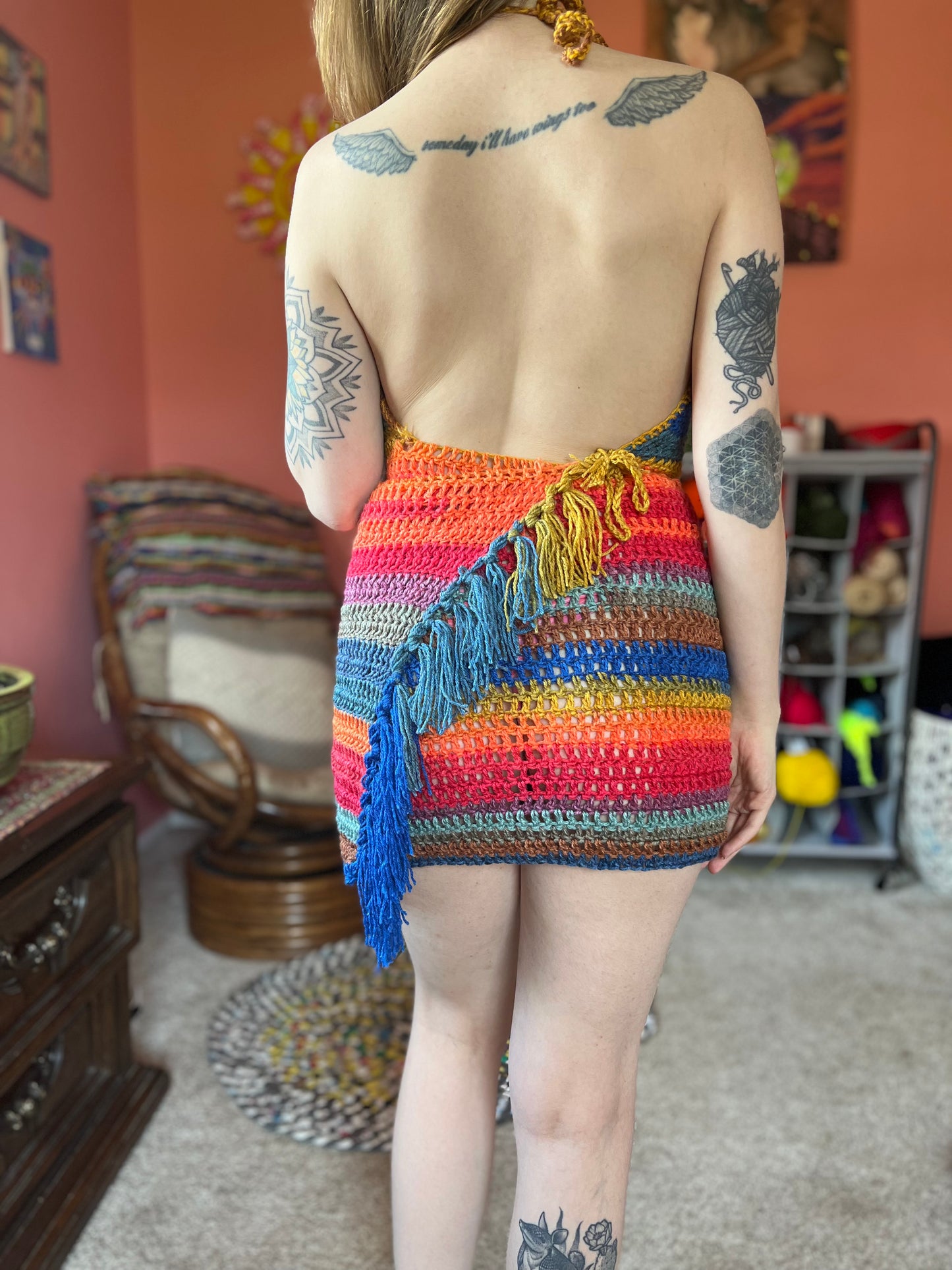 Rainbow Fringe Crochet Wrap Dress S-L