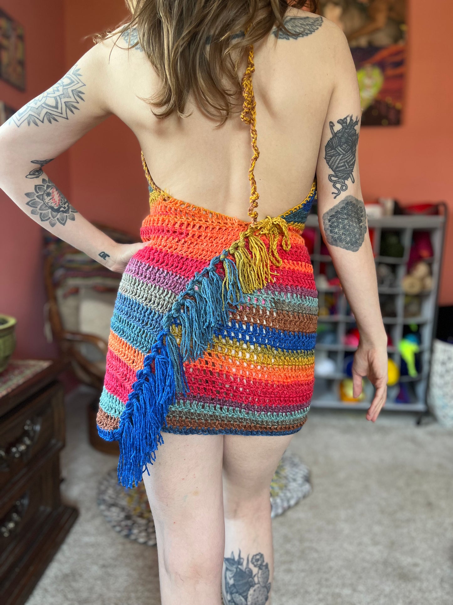 Rainbow Fringe Crochet Wrap Dress S-L