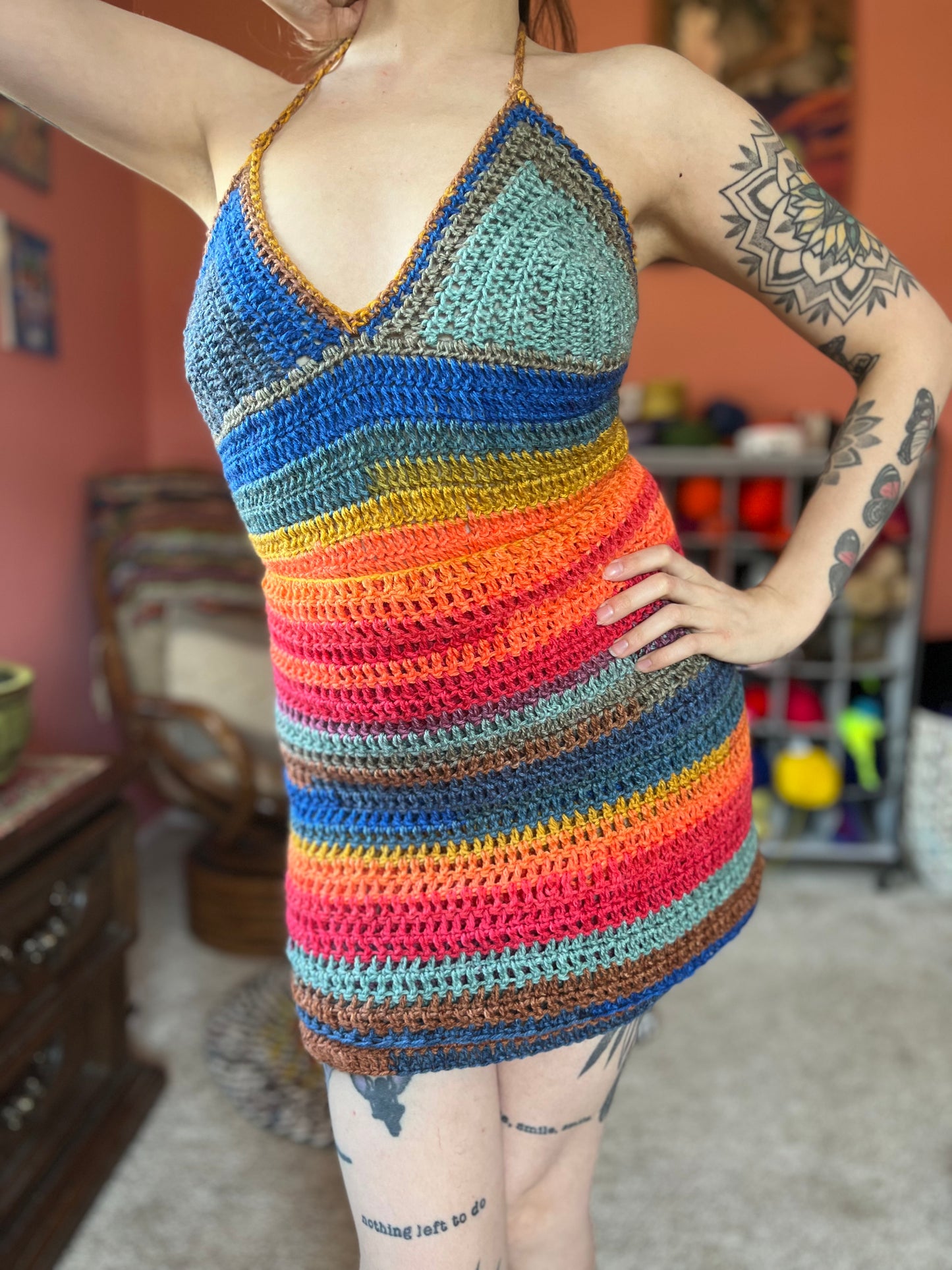 Rainbow Fringe Crochet Wrap Dress S-L