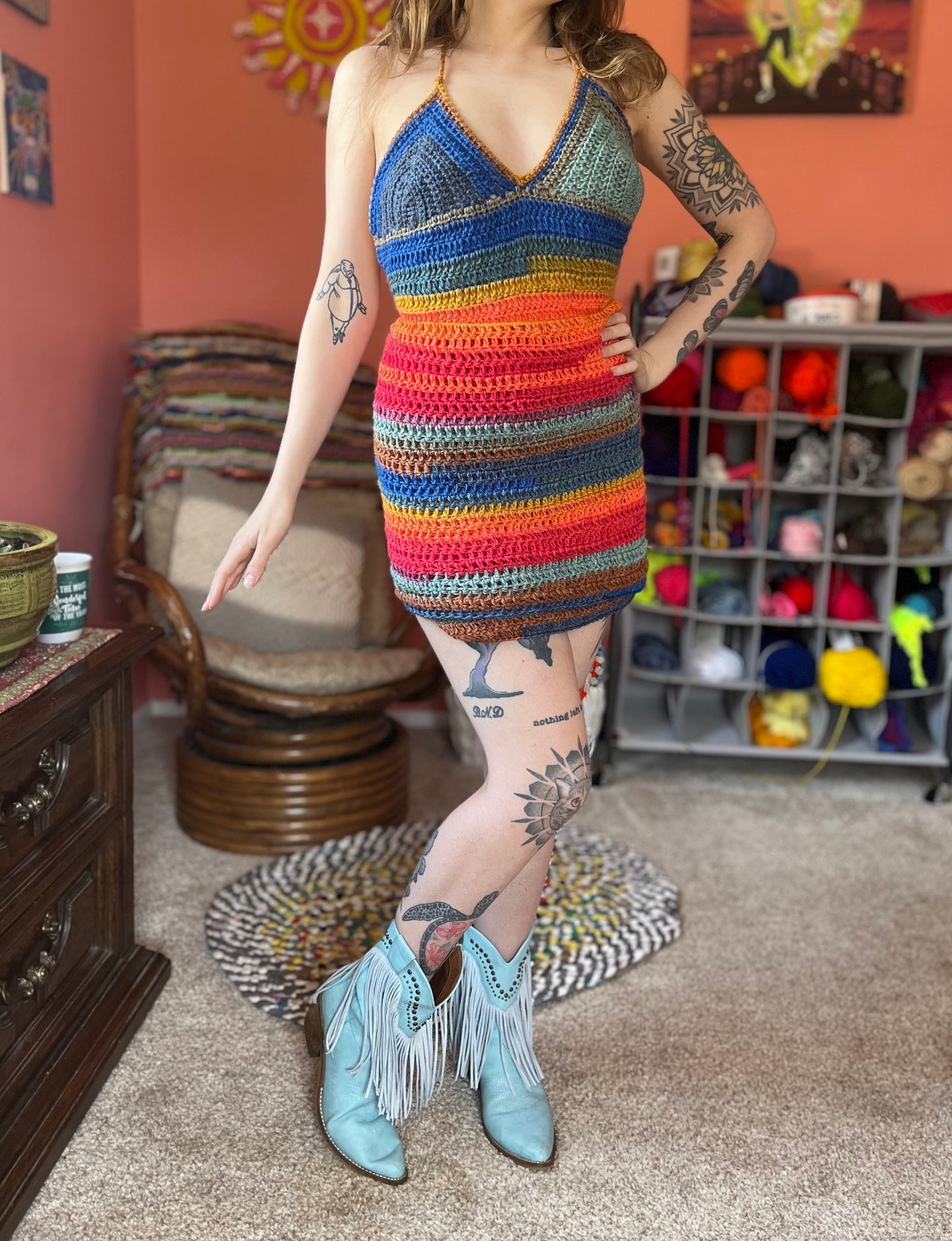 Rainbow Fringe Crochet Wrap Dress S-L