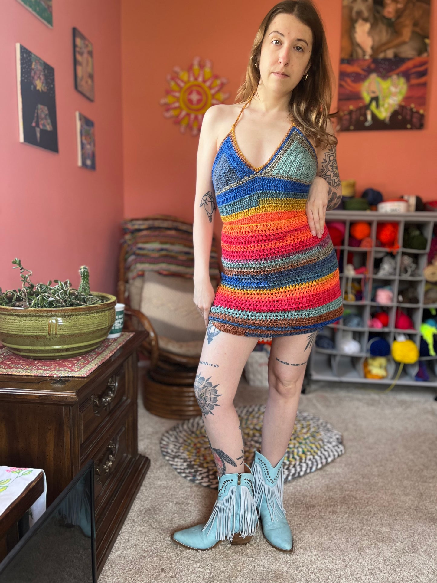 Rainbow Fringe Crochet Wrap Dress S-L
