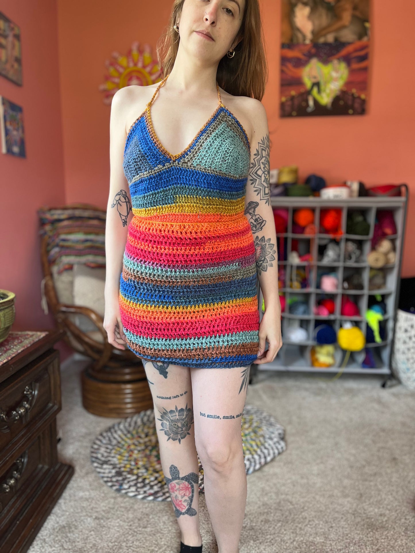 Rainbow Fringe Crochet Wrap Dress S-L
