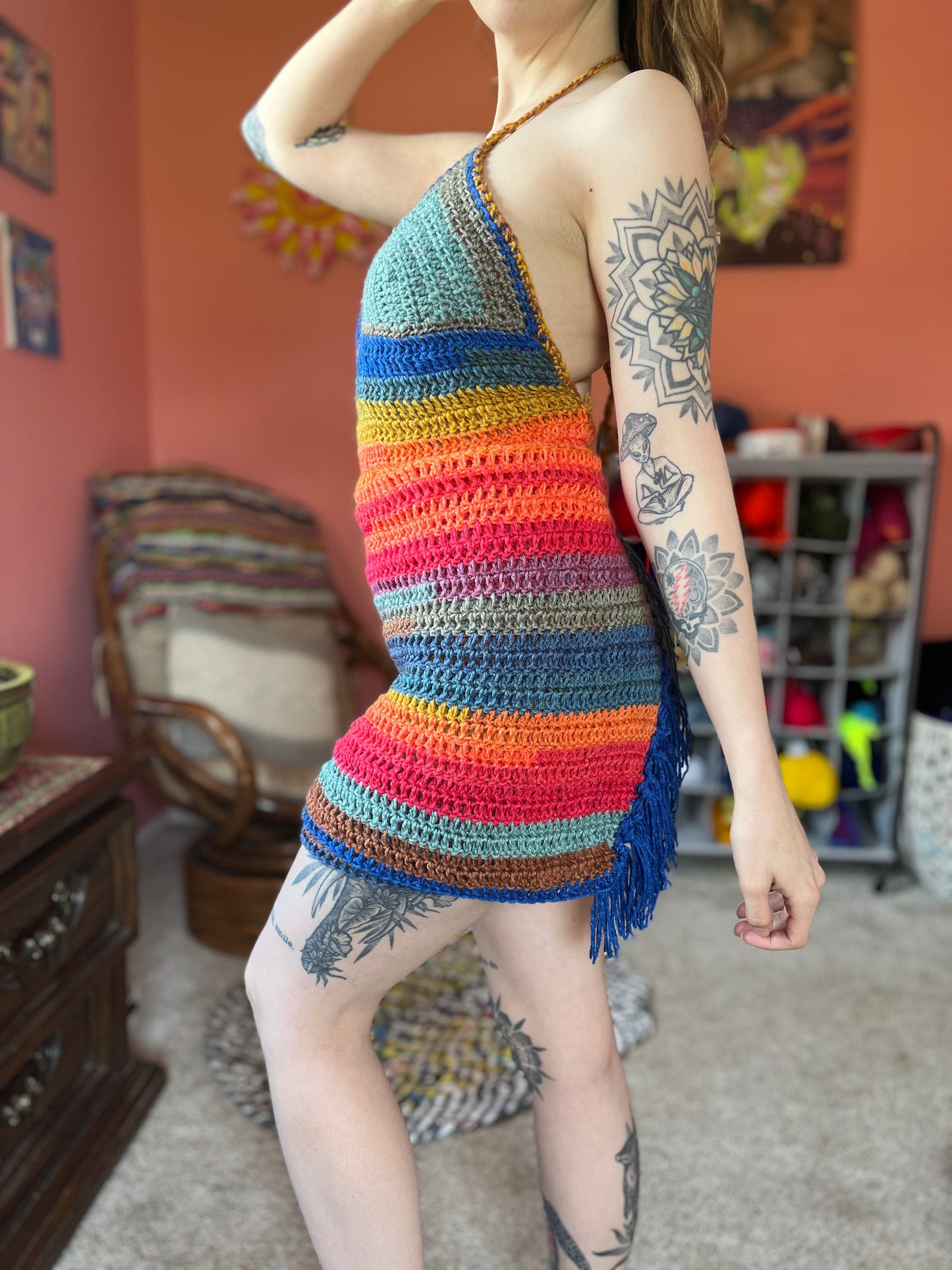 Rainbow Fringe Crochet Wrap Dress S-L