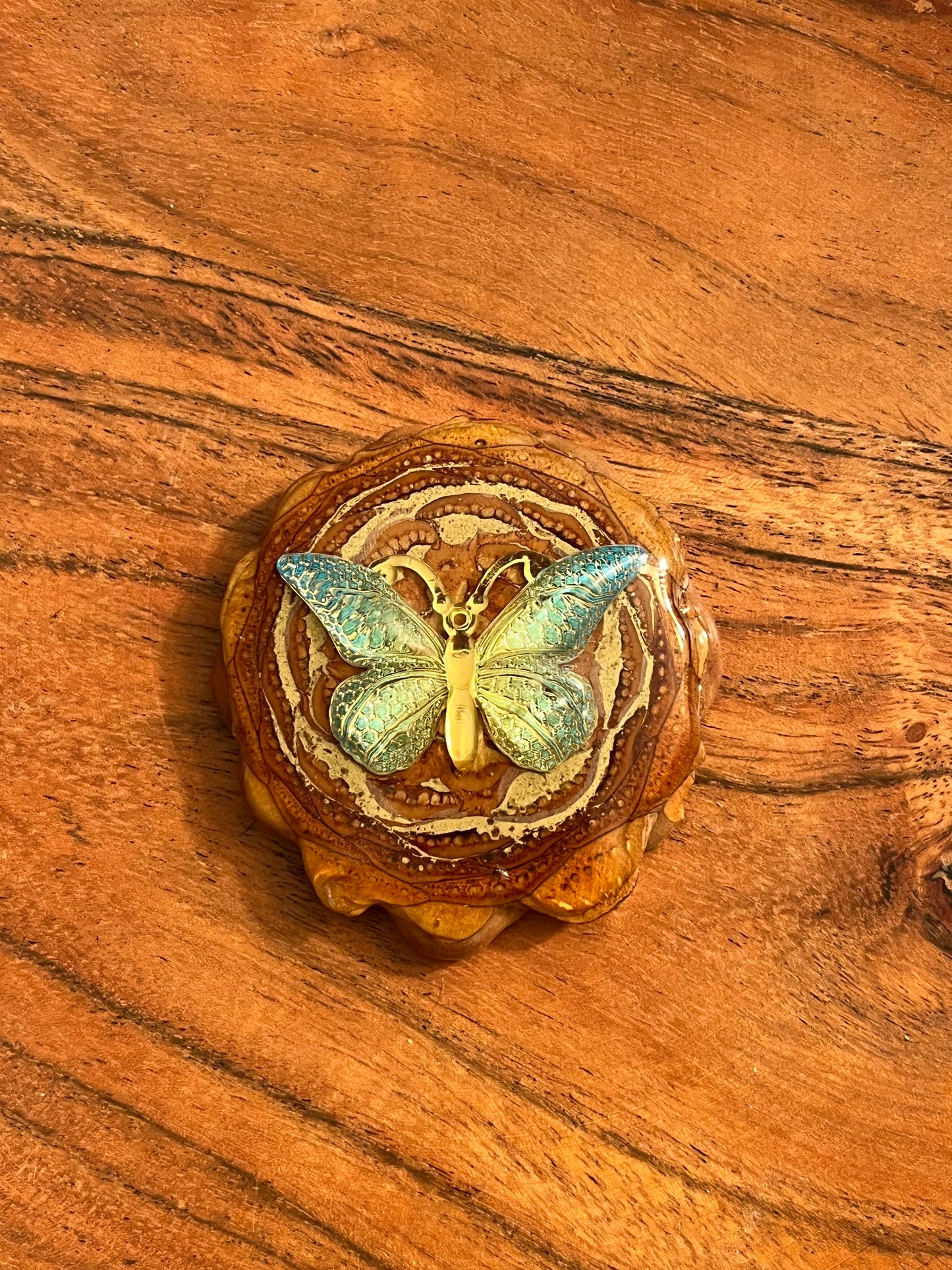 Large Blue and Green Butterfly Pinecone Pendant