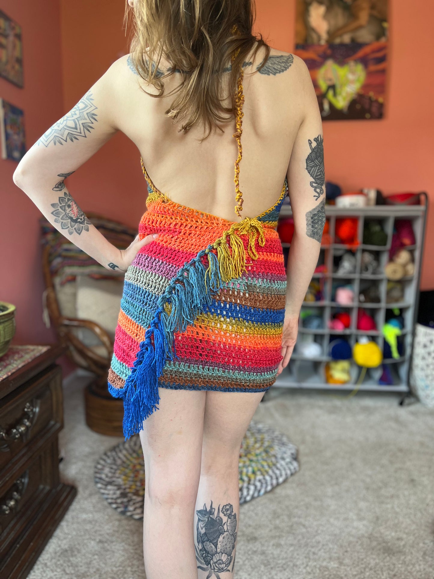 Rainbow Fringe Crochet Wrap Dress S-L