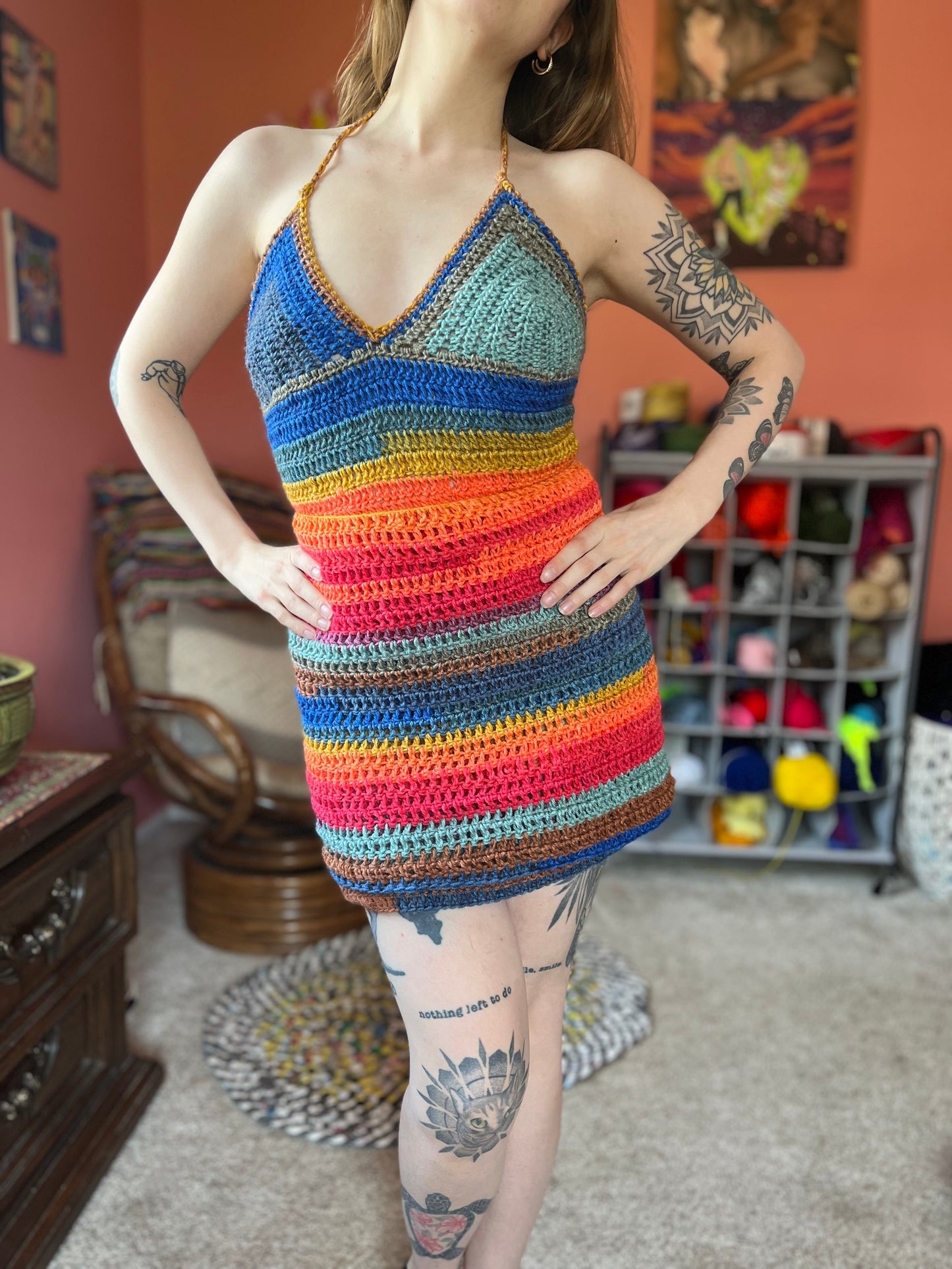 Rainbow Fringe Crochet Wrap Dress S-L