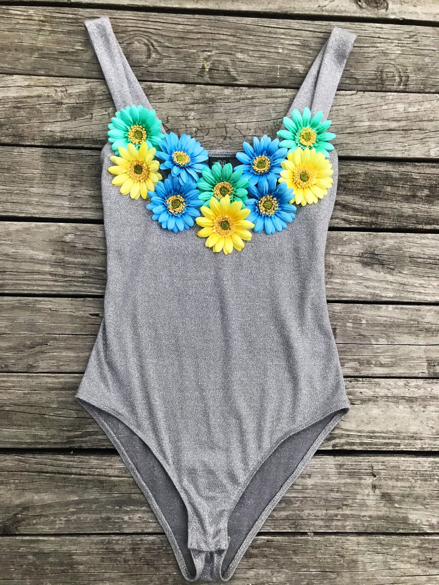 Music Festival Bodysuit Rave Bodysuit with Blue Green and Yellow Flowers SIZE SMALL/MEDIUM