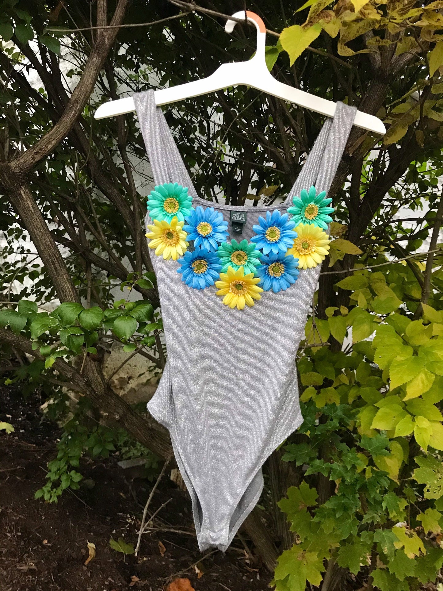 Music Festival Bodysuit Rave Bodysuit with Blue Green and Yellow Flowers SIZE SMALL/MEDIUM