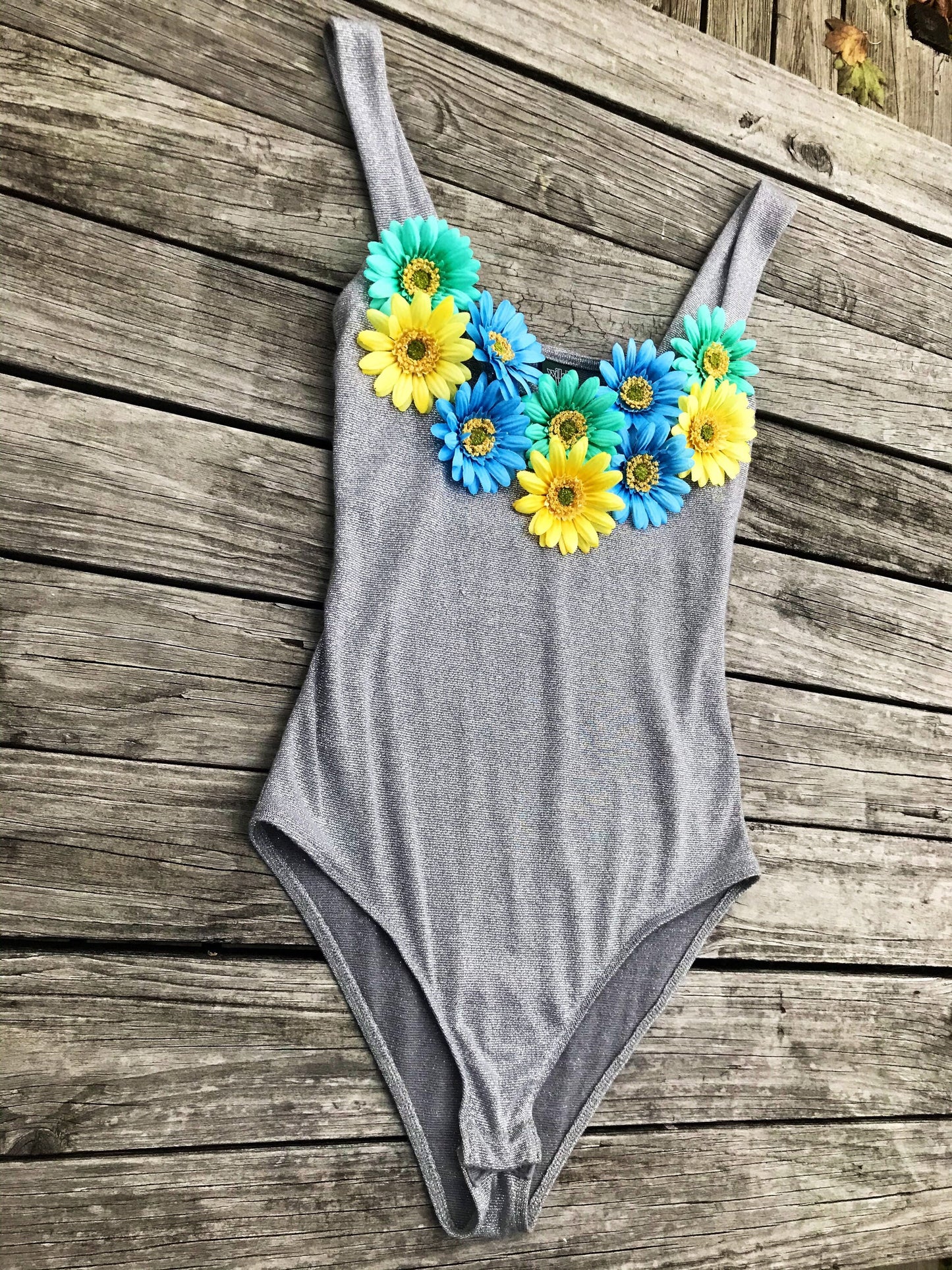 Music Festival Bodysuit Rave Bodysuit with Blue Green and Yellow Flowers SIZE SMALL/MEDIUM