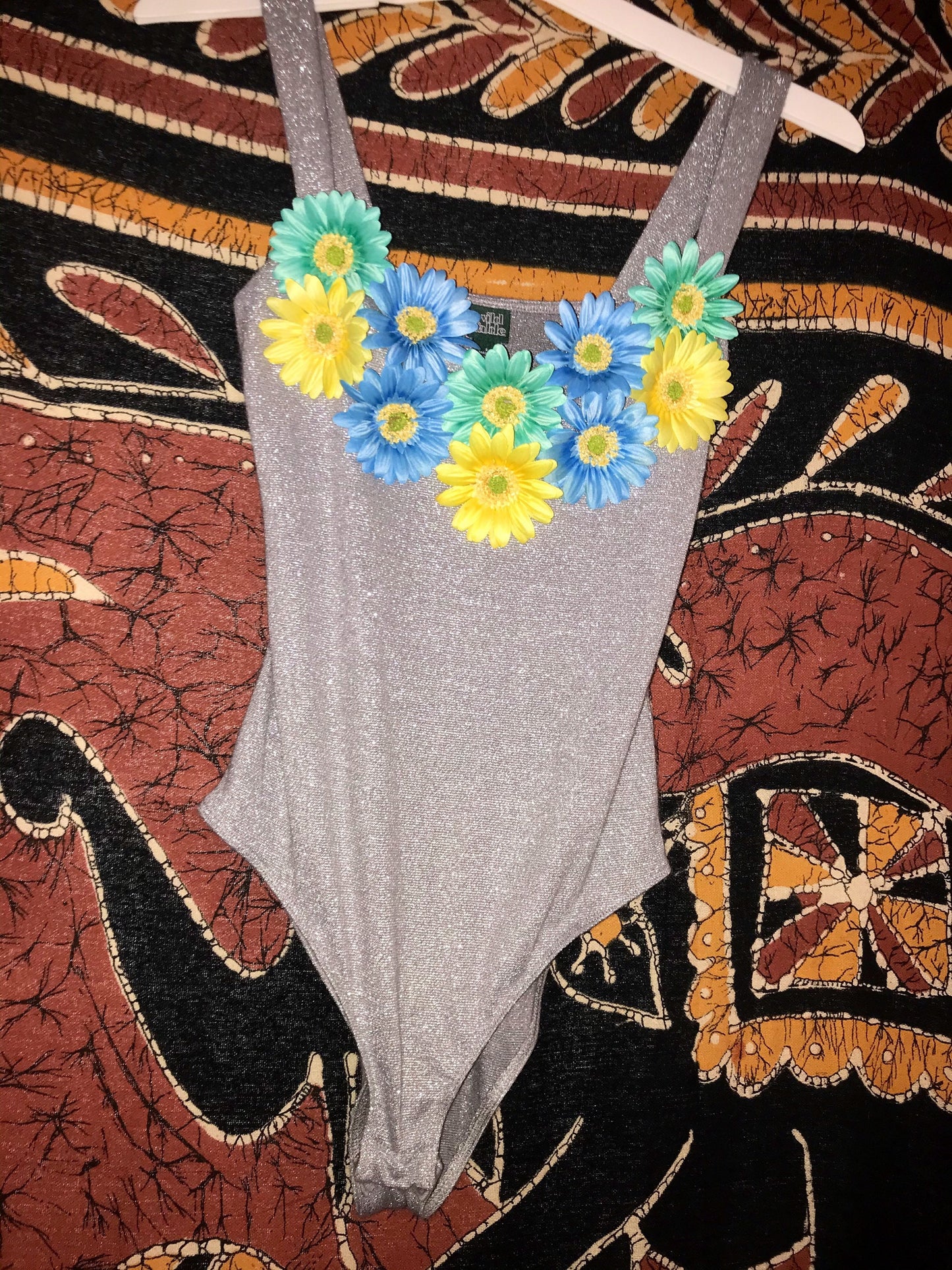 Music Festival Bodysuit Rave Bodysuit with Blue Green and Yellow Flowers SIZE SMALL/MEDIUM