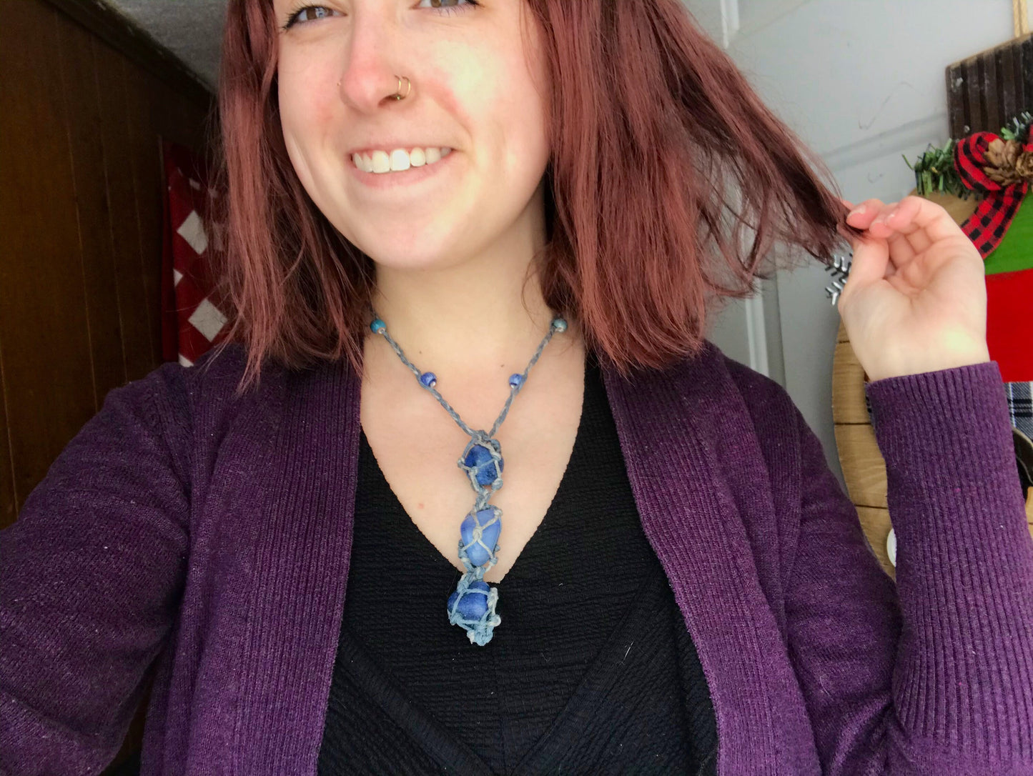 Stacked Blue Chalcedony Macrame Necklace