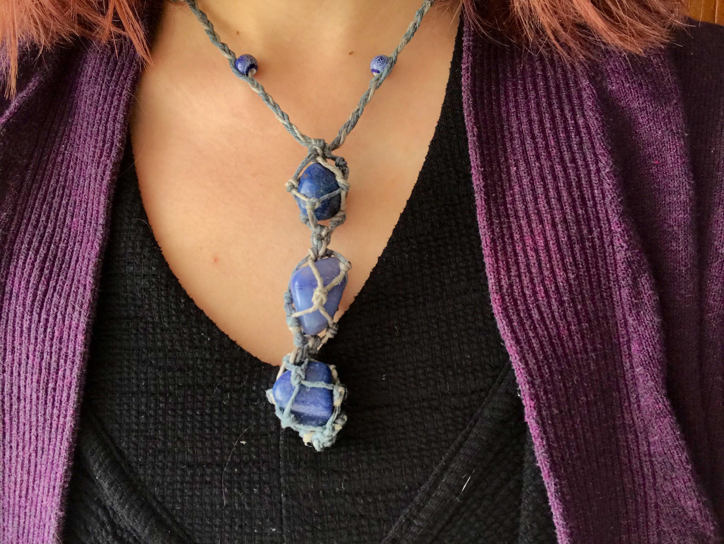 Stacked Blue Chalcedony Macrame Necklace