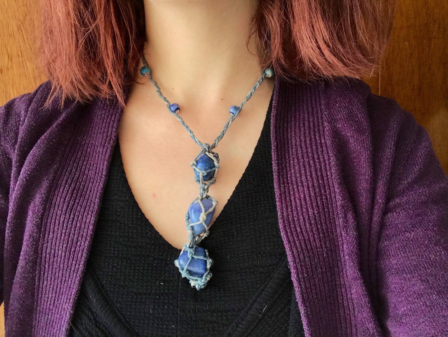 Stacked Blue Chalcedony Macrame Necklace