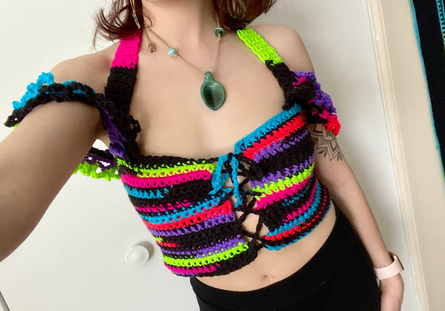 Lacy Off The Shoulder Neon UV Reactive Crochet Crop Top