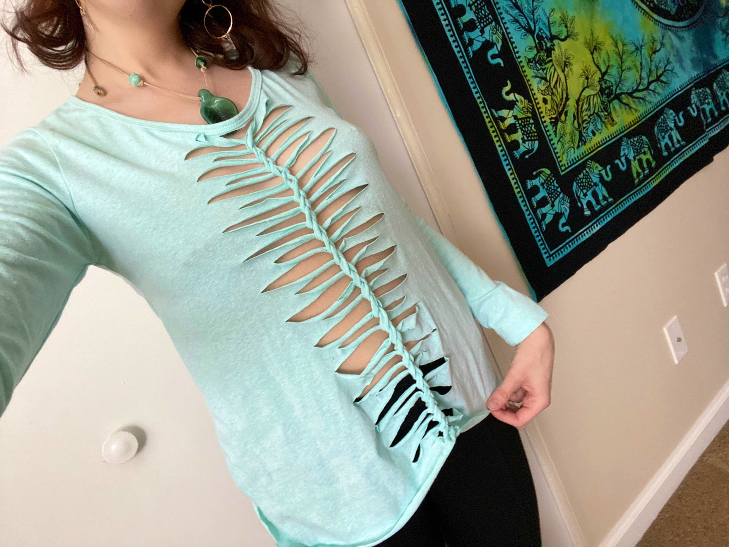 S/M/L Mint Green Front and Back Slit Weave Long Sleeve Shirt