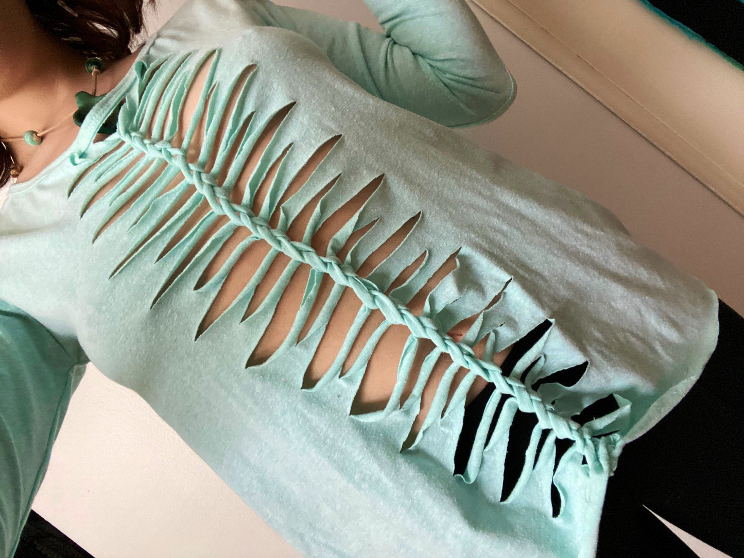 S/M/L Mint Green Front and Back Slit Weave Long Sleeve Shirt