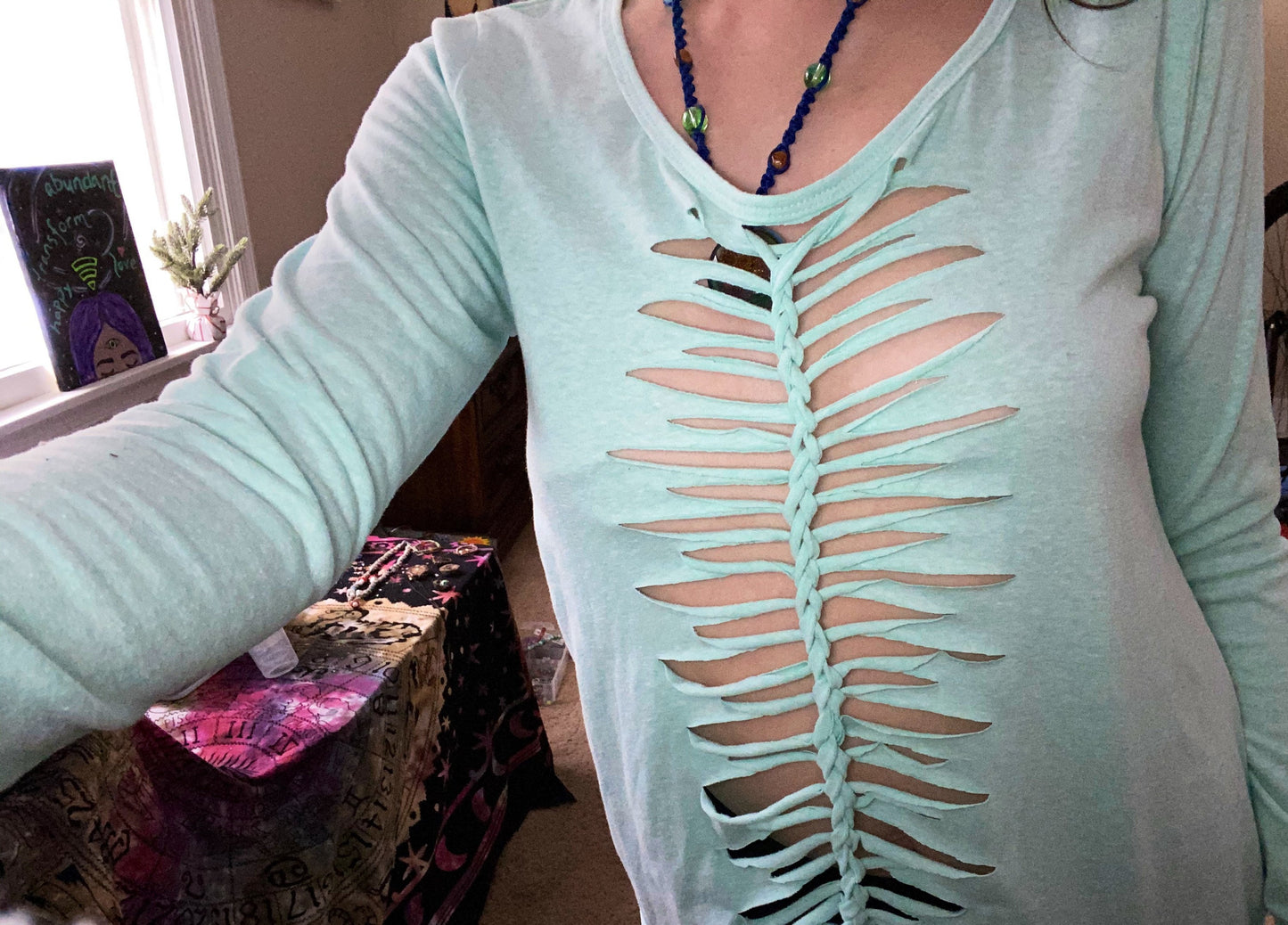 S/M/L Mint Green Front and Back Slit Weave Long Sleeve Shirt