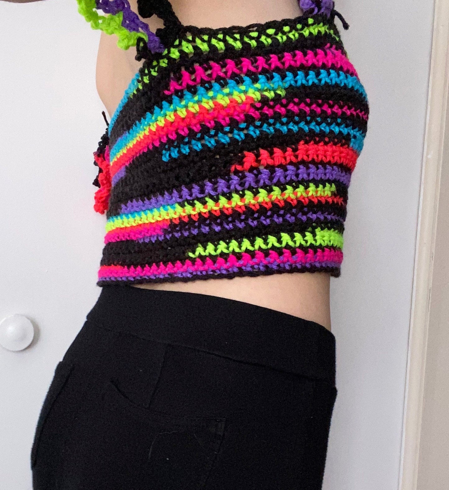 Lacy Off The Shoulder Neon UV Reactive Crochet Crop Top