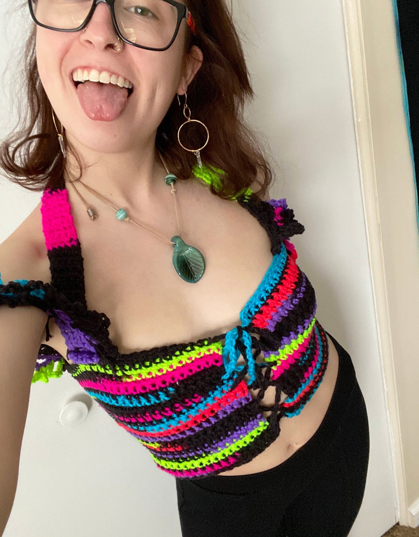 Lacy Off The Shoulder Neon UV Reactive Crochet Crop Top