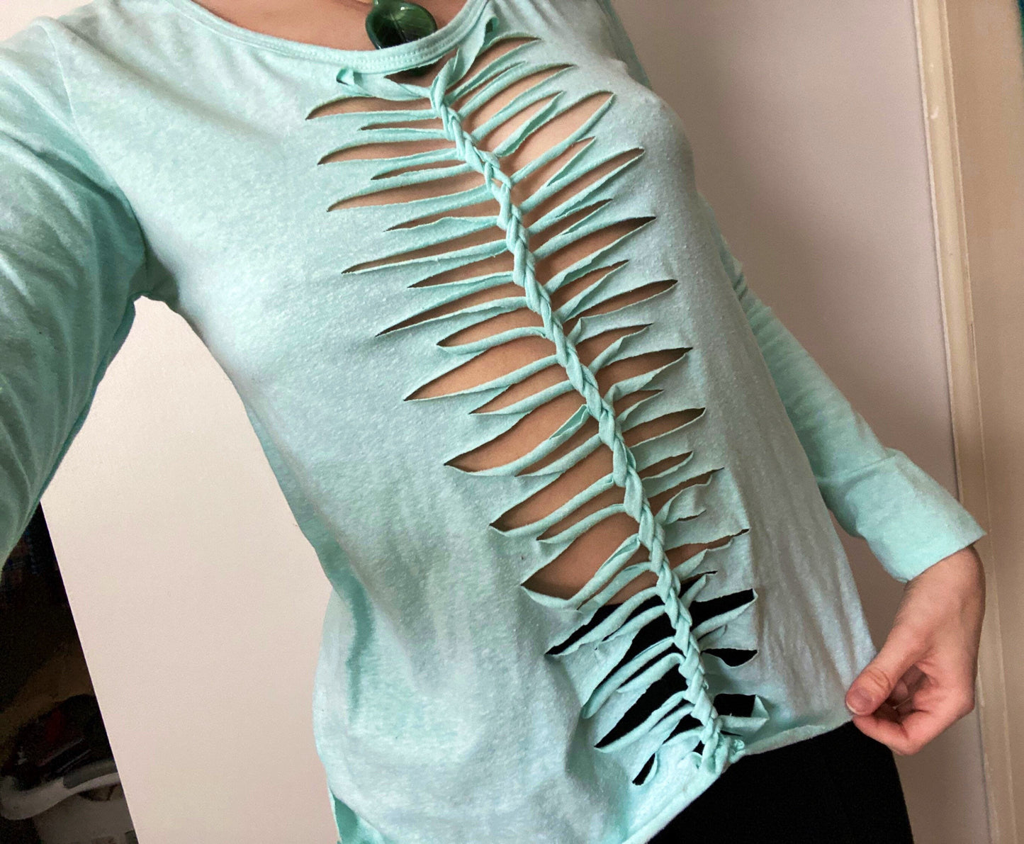 S/M/L Mint Green Front and Back Slit Weave Long Sleeve Shirt