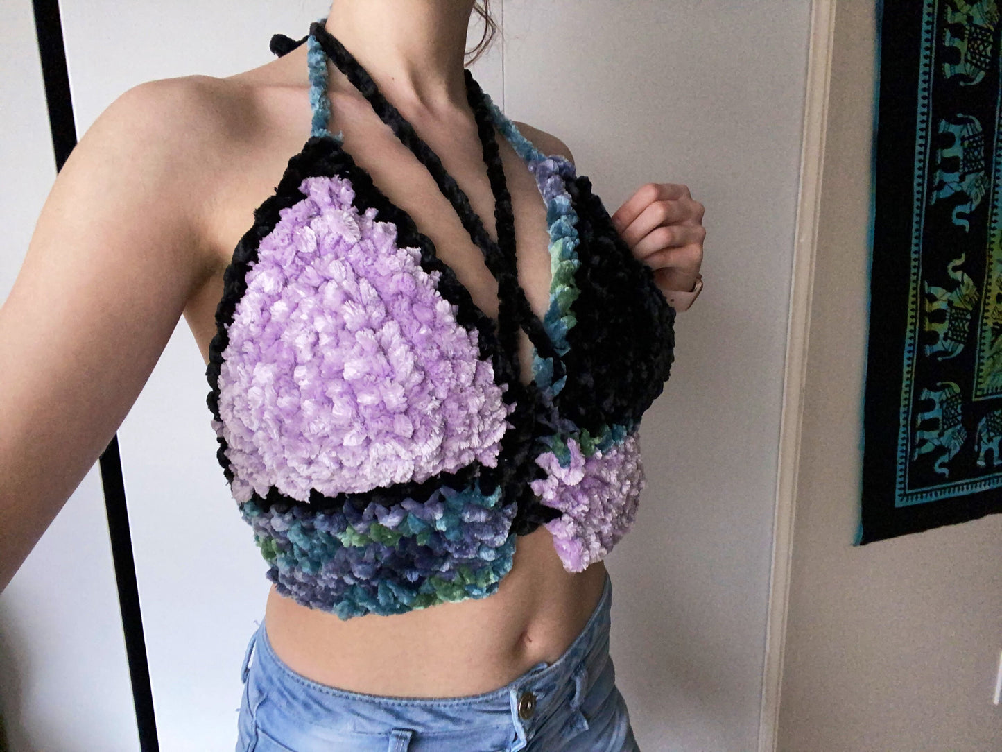 Velvet Crochet Crop Top with Adjustable Straps S/M/L