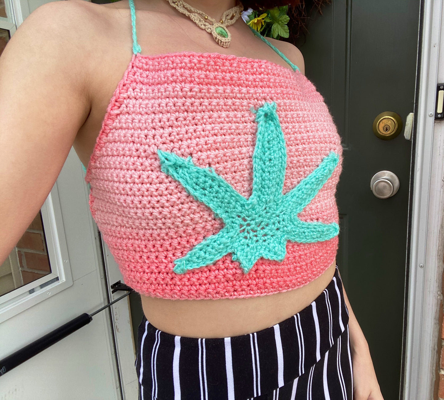 Sherbet Sunrise Ombré Weed Leaf Crochet Crop Top