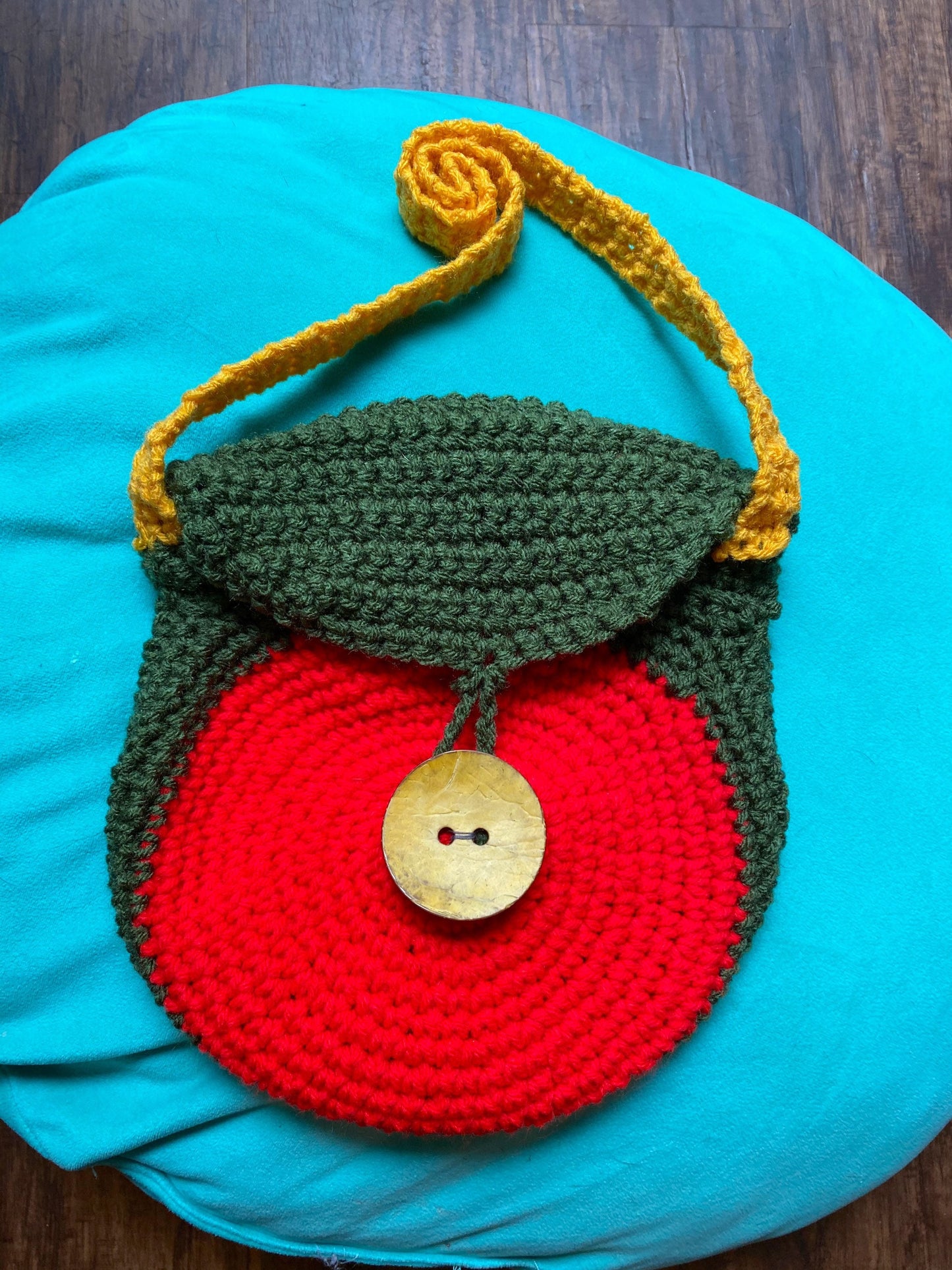 Rasta Crochet Shoulder Bag with Large Wooden Yellow Button