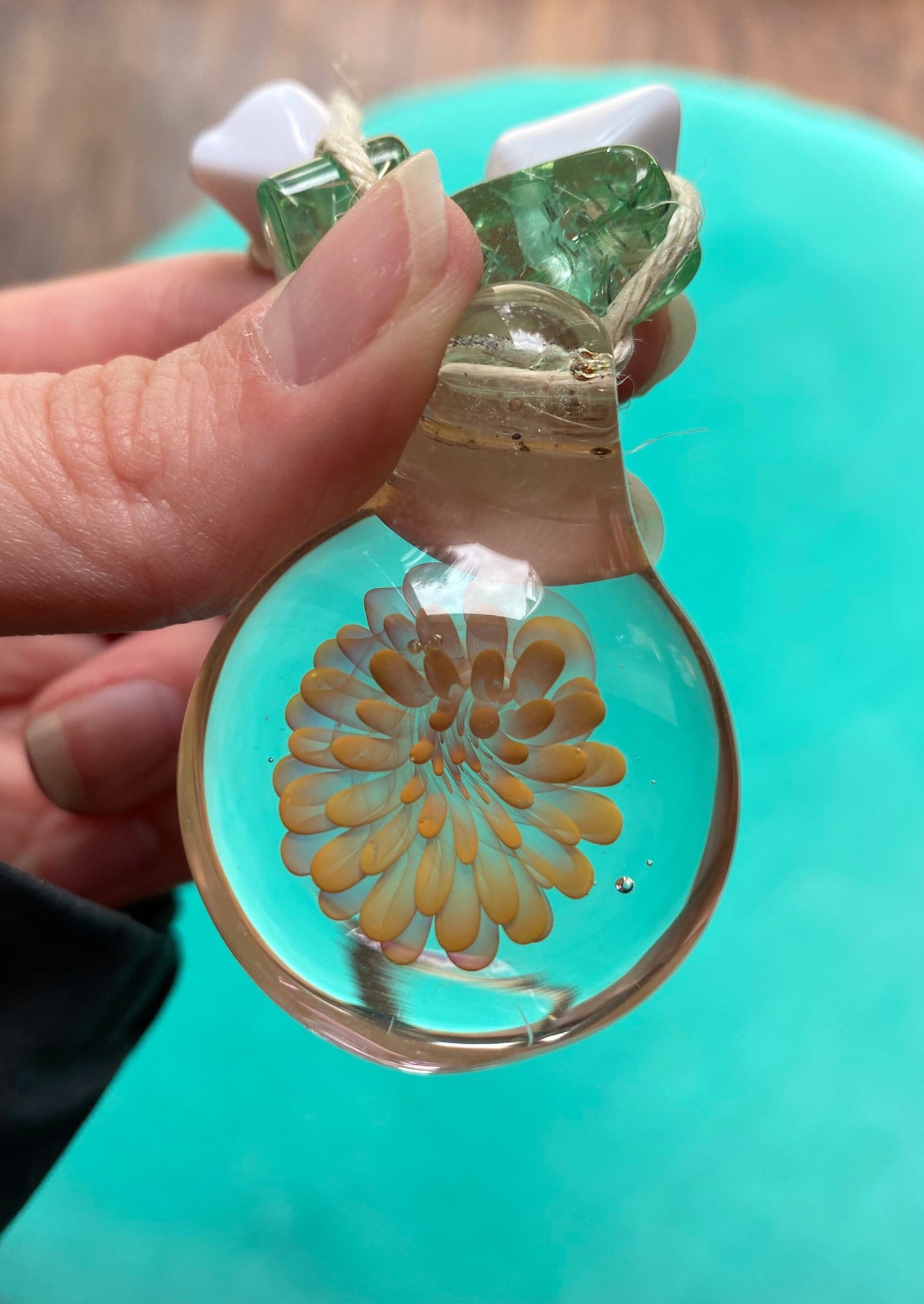 Yellow Flower Glass Pendant Beaded Hemp Choker