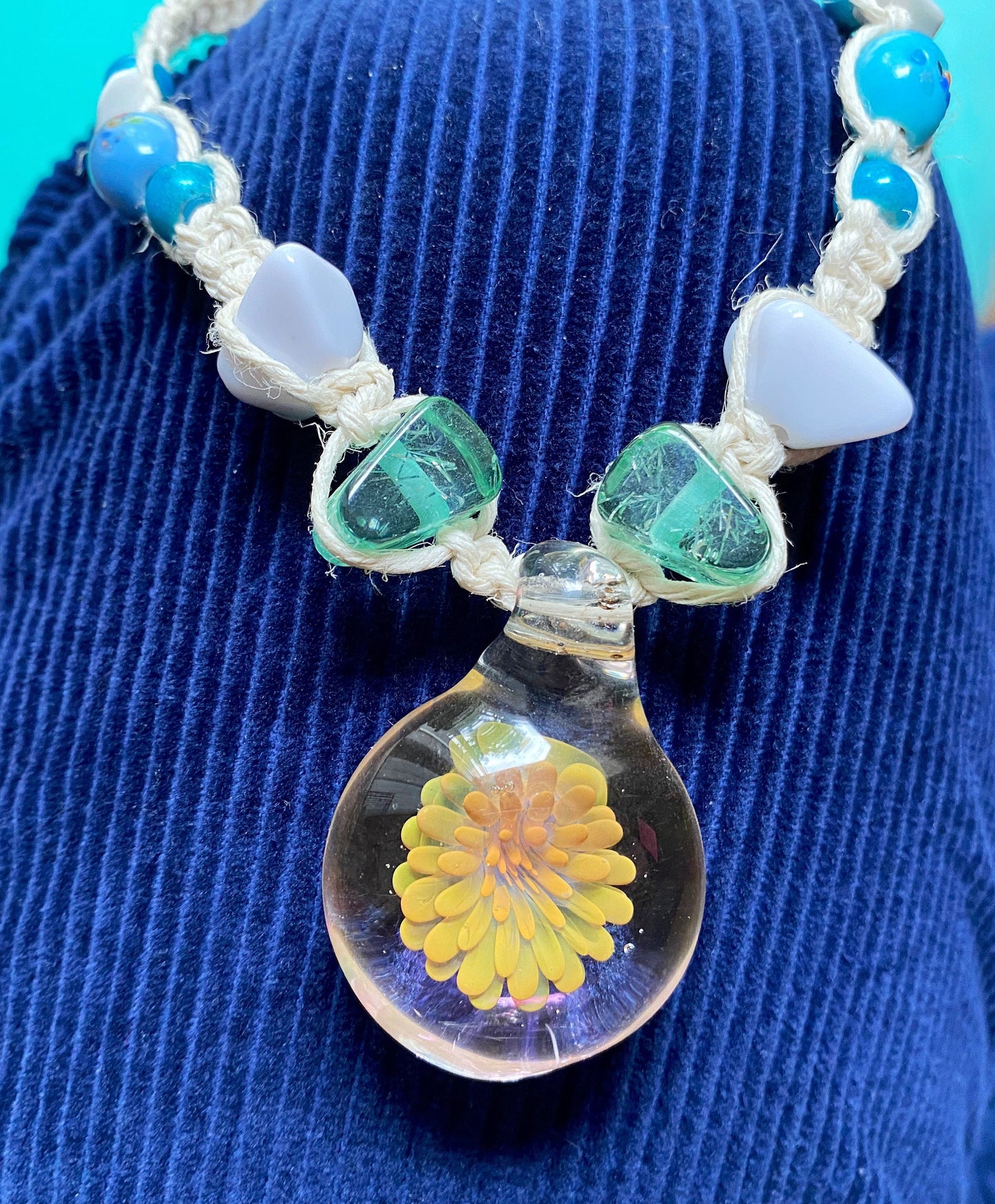 Yellow Flower Glass Pendant Beaded Hemp Choker