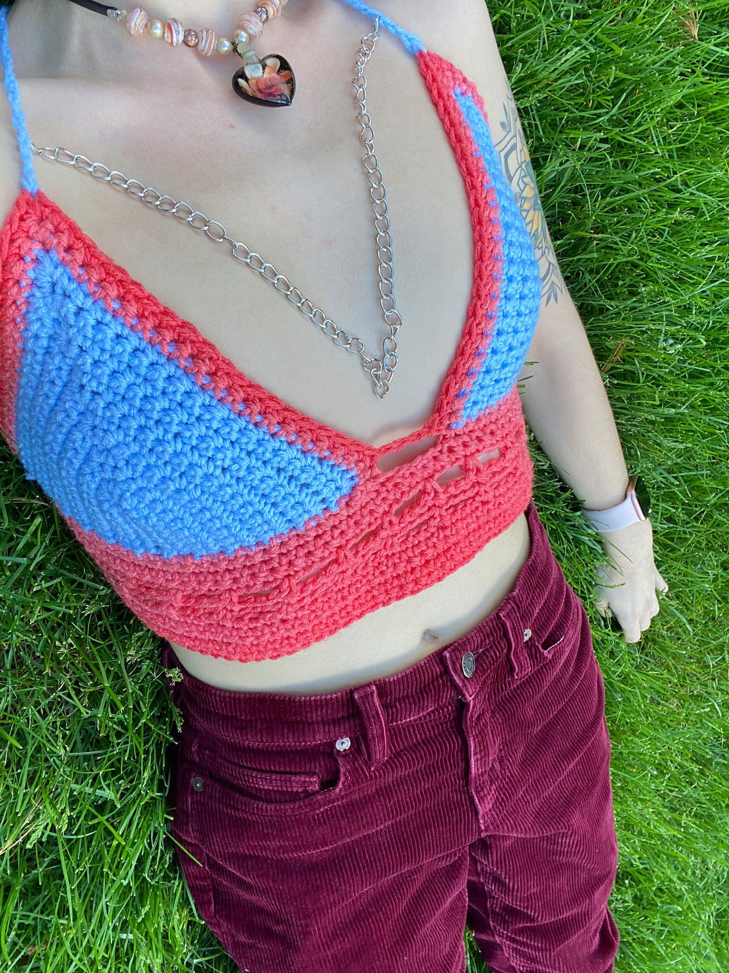 Blue Pink Crochet Crop Top with Adjustable Chain