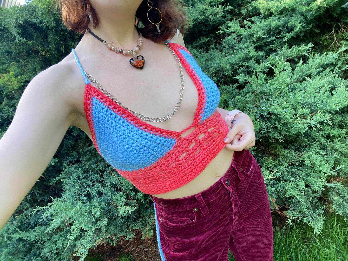 Blue Pink Crochet Crop Top with Adjustable Chain