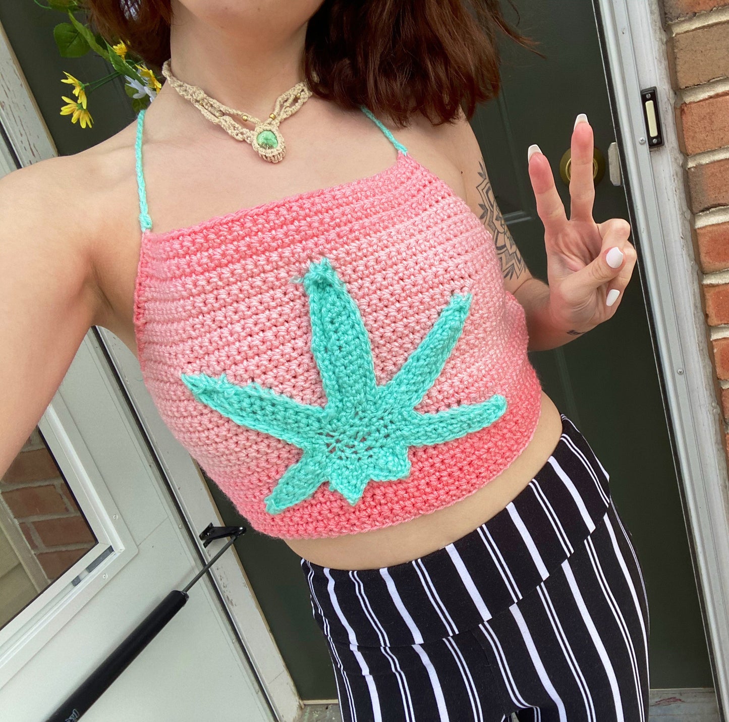 Sherbet Sunrise Ombré Weed Leaf Crochet Crop Top