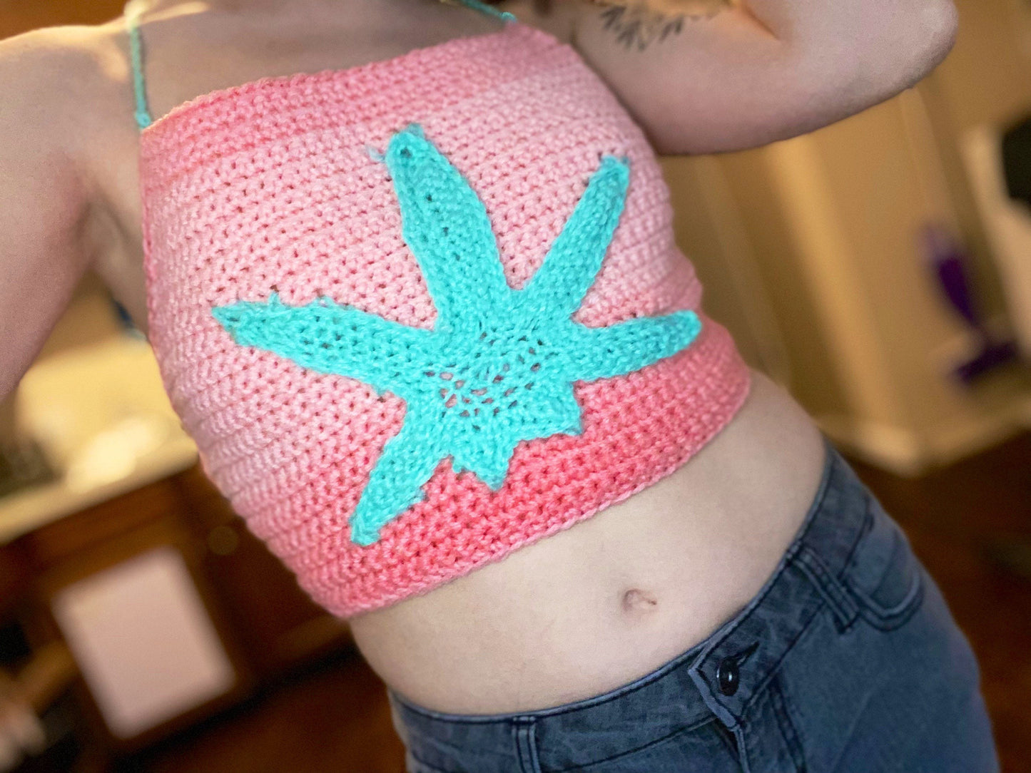 Sherbet Sunrise Ombré Weed Leaf Crochet Crop Top