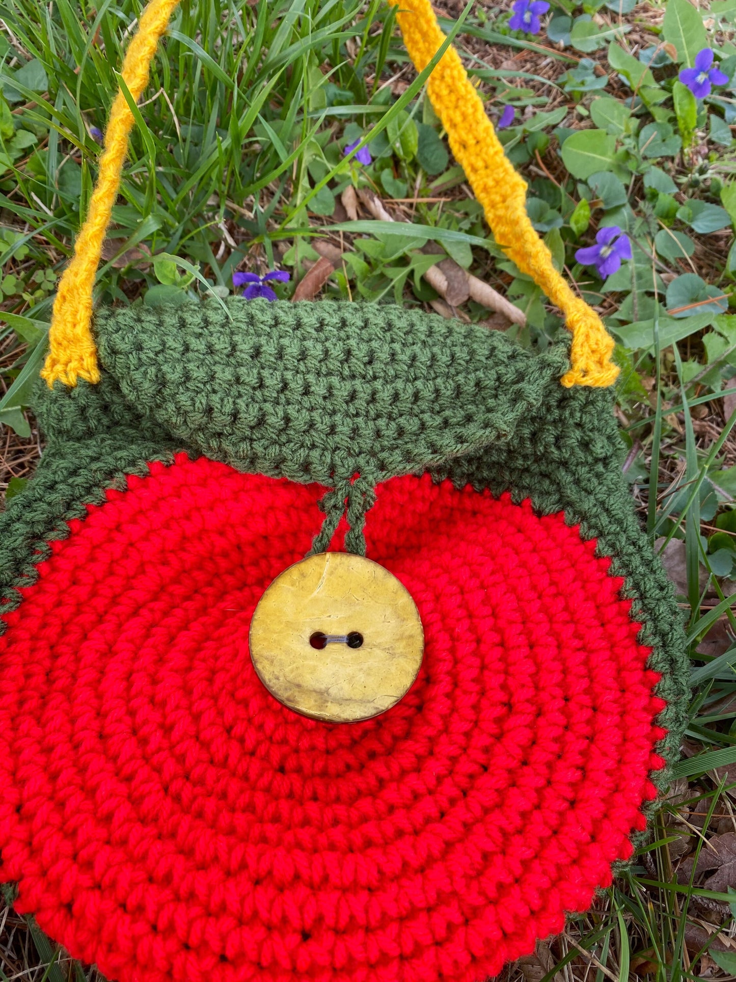 Rasta Crochet Shoulder Bag with Large Wooden Yellow Button